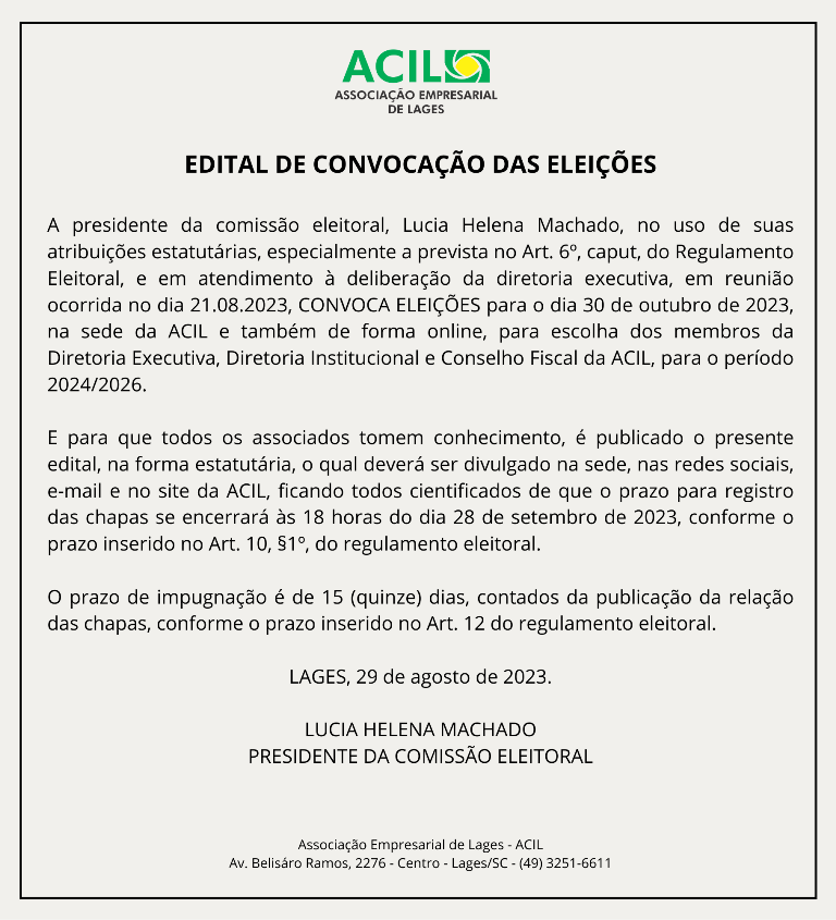 ACIL convoca eleições para escolha da diretoria que estará à frente da entidade no próximo triênio